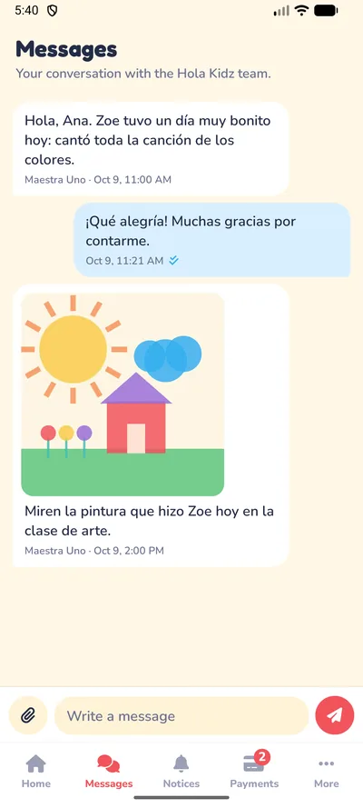 Hola Kidz messages screen